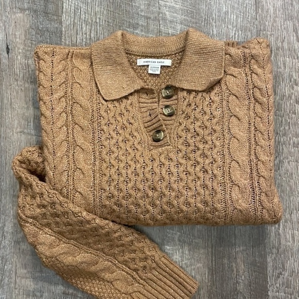 American Eagle camel brown cable knit collared cropped sweater size XS